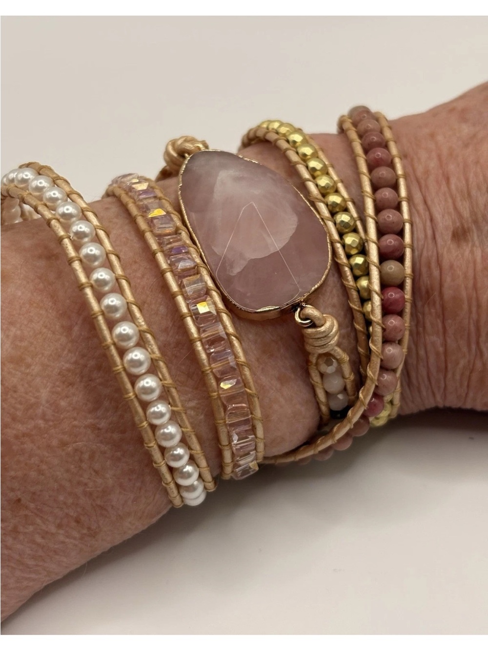 Boho Wrap Bracelet Rose Quartz Beaded Leather Cuff